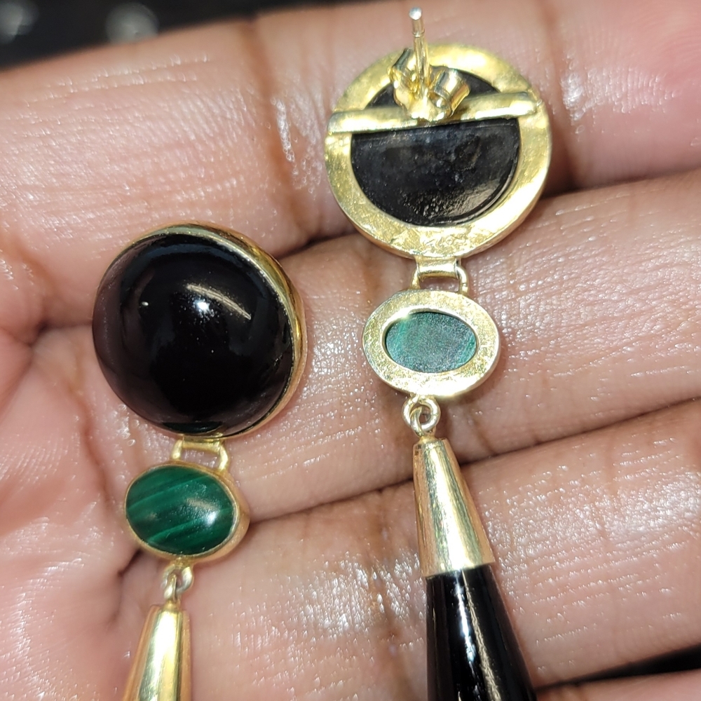 Chinese 925 Onyx and Malachite Drop Earrings - Picture 3 of 3